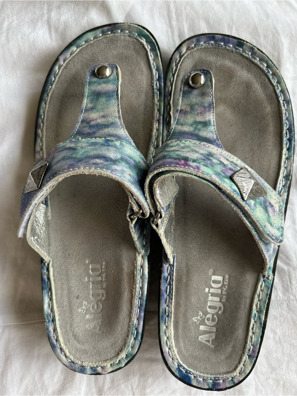 Alegria Leather Thong Sandals Size 9 Blue Purple Metallic Patina Comfort Rocker